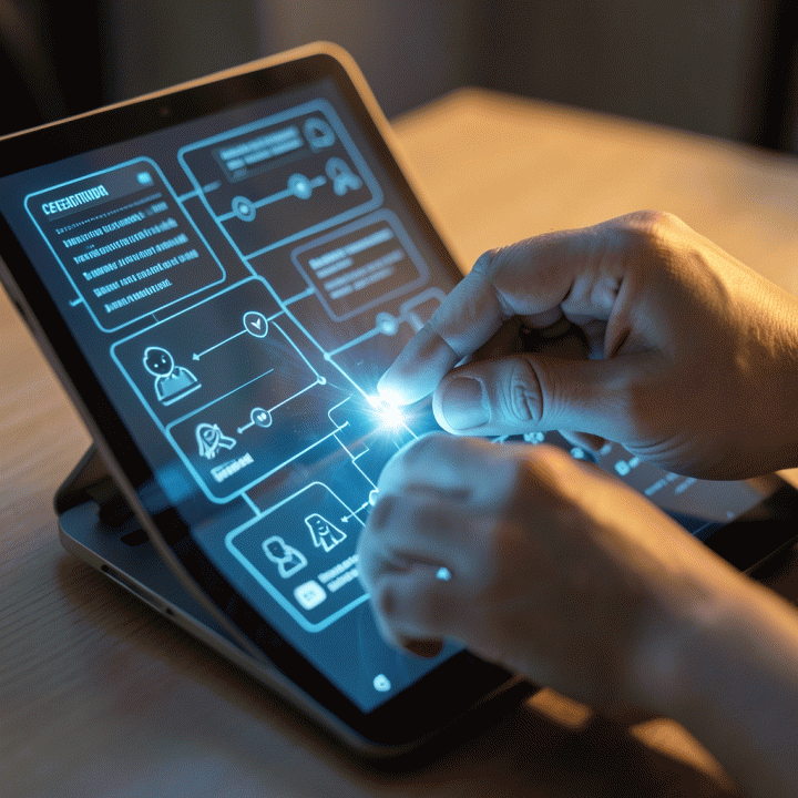 Tangan pengguna berinteraksi dengan antarmuka holografik untuk merancang struktur modul ajar secara digital, menunjukkan proses kreatif dan terstruktur.