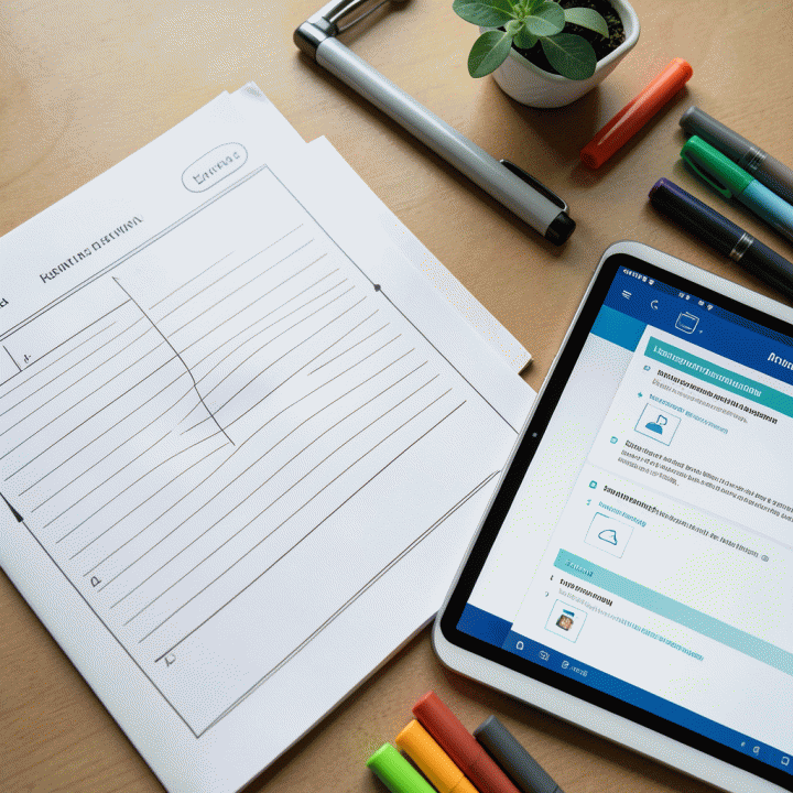 Flat lay berisi berbagai template materi ajar modern, siap digunakan untuk perencanaan pembelajaran di kelas.