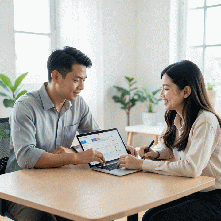 Pasangan profesional muda Indonesia yang bekerja bersama di meja kantor modern, fokus merencanakan dan mengoptimalkan jadwal harian menggunakan tablet, melambangkan produktivitas dan manajemen waktu.