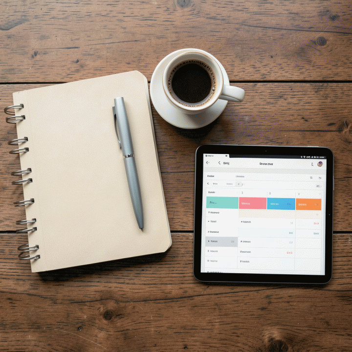 Tampilan atas (flat lay) meja kerja yang terorganisir, menampilkan buku catatan, pena, dan tablet yang berisi jadwal yang terstruktur, melambangkan persiapan dan perencanaan harian.