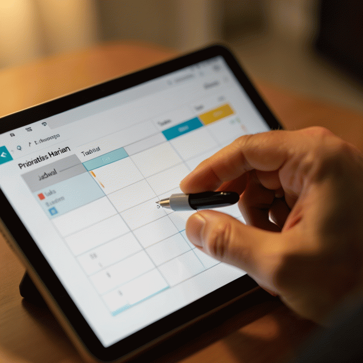 Pergerakan tangan yang sedang berinteraksi dengan antarmuka digital planner di layar, menunjukkan proses perencanaan harian yang terstruktur dan rapi.