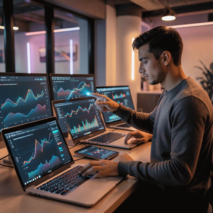 Seorang ahli strategi pemasaran yang fokus menganalisis berbagai visualisasi dan grafik data kompleks di layar monitor, mewakili proses mengubah data mentah menjadi insight copywriting yang efektif.