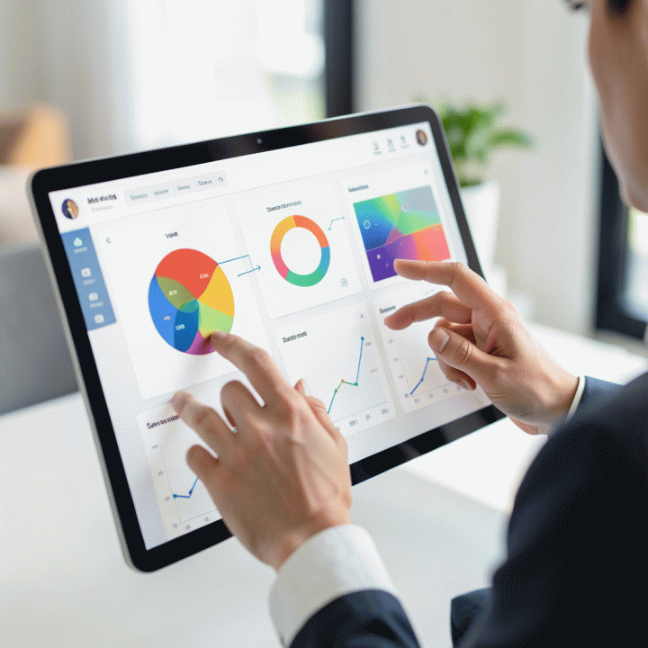 Visualisasi antarmuka web aplikasi yang menampilkan analisis data pasar seperti diagram Venn dan peta panas (heatmap) untuk mengidentifikasi titik nyeri (pain points) audiens secara visual.