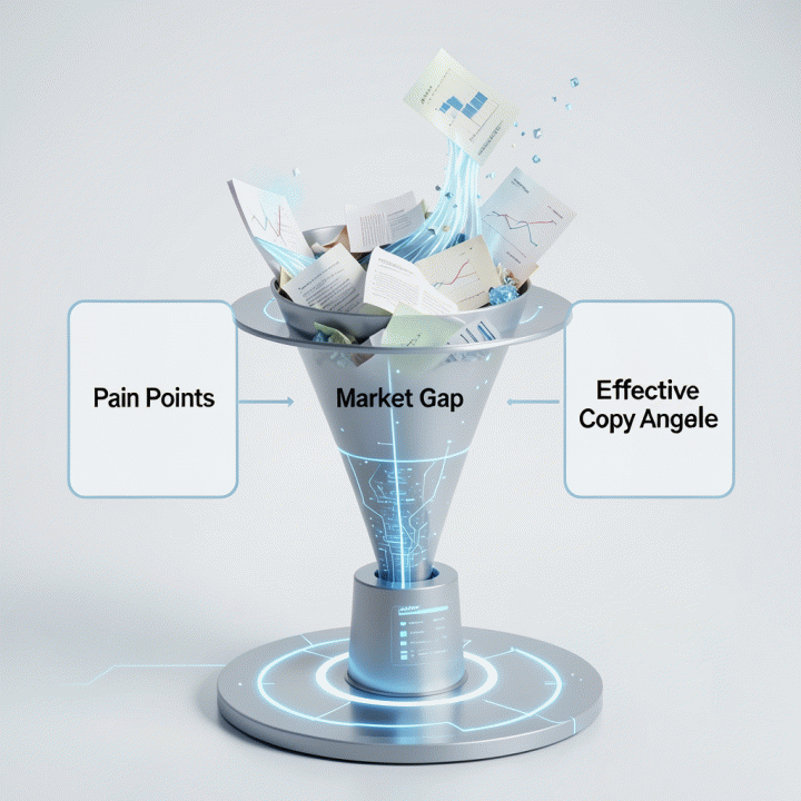 Konsep visualisasi proses mengubah data pasar yang berantakan menjadi tiga pilar strategi pemasaran yang jelas dan terstruktur (pain points, celah pasar, angle copywriting).