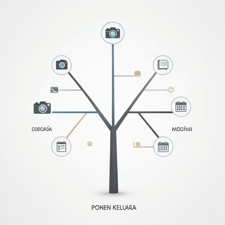 Visualisasi diagram silsilah keluarga digital yang rapi dan terstruktur, menunjukkan hubungan lintas generasi.