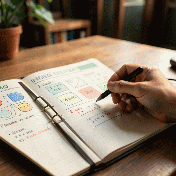 Tangan seseorang sedang membuat anggaran dan diagram sederhana di buku catatan keuangan, menunjukkan proses belajar yang mudah dipahami.