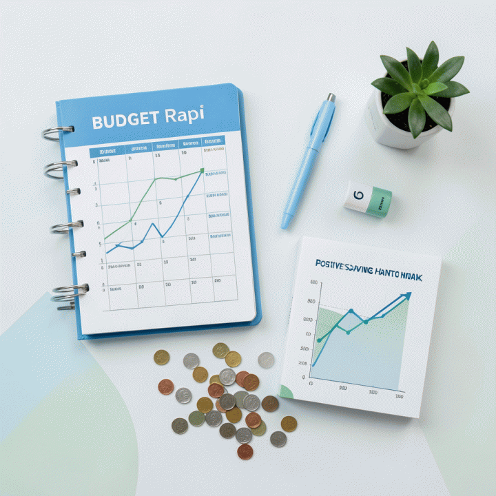 Tata letak visual (flat lay) dari alat bantu budgeting yang rapi, grafik tabungan, dan uang, melambangkan perencanaan keuangan yang optimal.