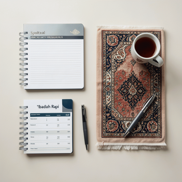 Foto datar (flat lay) dari berbagai alat produktivitas spiritual yang terorganisir, termasuk planner dan habit tracker, di atas meja yang bersih.