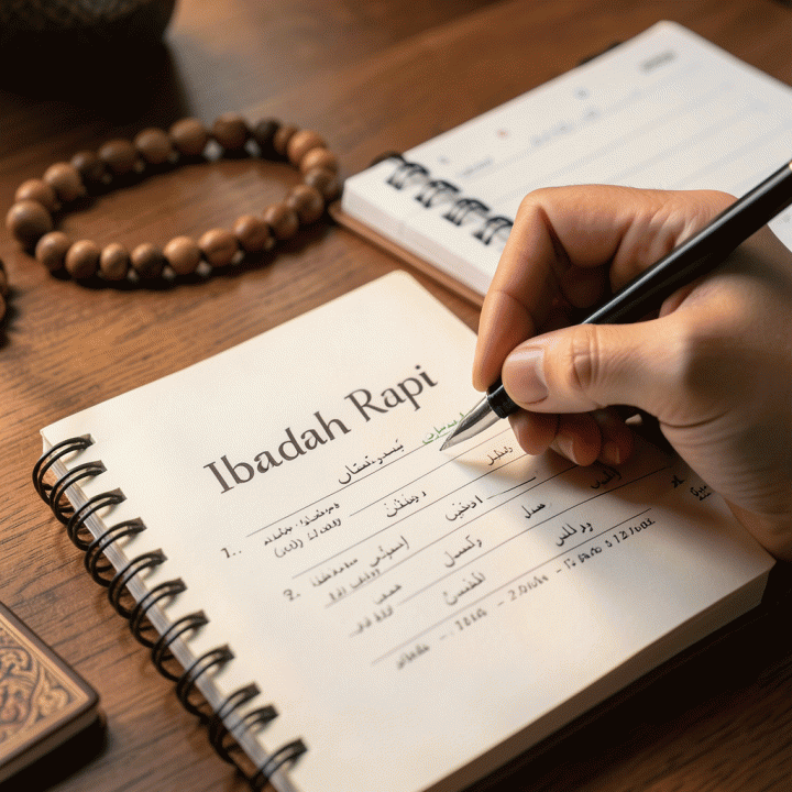 Tangan yang sedang mencatat rutinitas ibadah harian di buku pelacak kebiasaan (habit tracker) yang rapi.