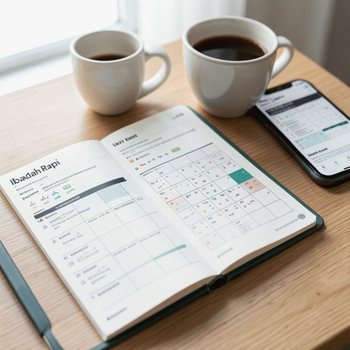 Detail buku pelacak kebiasaan ibadah (habit tracker) yang rapi dan modern, menunjukkan sistem visual untuk memantau konsistensi ibadah harian seorang milenial.