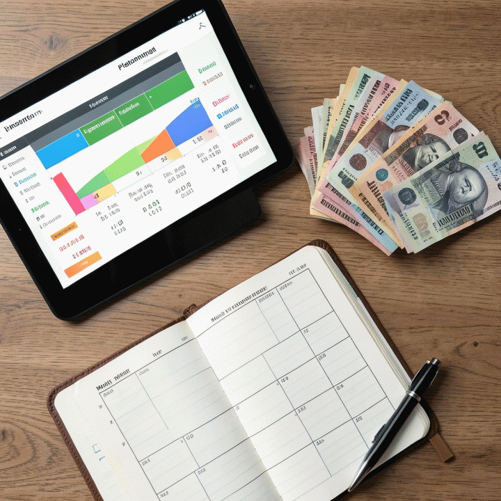 Pandangan dari atas (flatlay) yang menampilkan alat-alat perencanaan keuangan, seperti tablet dengan grafik pengeluaran dan jurnal anggaran fisik, menunjukkan sistem pencatatan yang terstruktur.