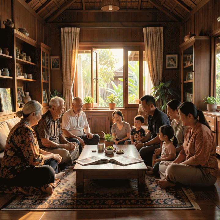 Foto keluarga Indonesia berbagai generasi berkumpul hangat di rumah, merayakan ikatan kekeluargaan dengan atmosfer nostalgia yang manis.