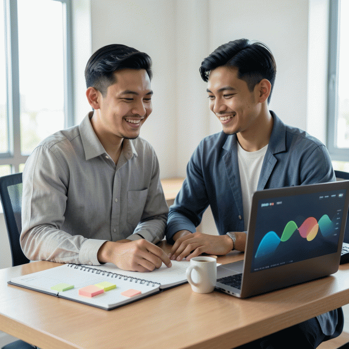 Seorang profesional muda Indonesia yang tersenyum dan fokus di meja kerja modern, dikelilingi alat perencanaan keuangan seperti buku catatan anggaran dan laptop dengan visualisasi data positif, melambangkan pengelolaan keuangan pribadi yang rapi dan terstruktur.