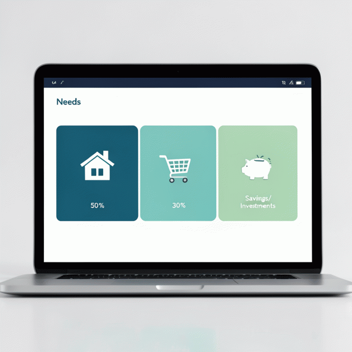 Visualisasi abstrak dashboard budgeting di layar digital yang membagi alokasi dana menjadi tiga bagian proporsional: Kebutuhan (50%), Keinginan (30%), dan Tabungan/Investasi (20%).