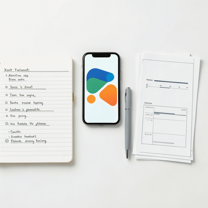 Tata letak atas (flat lay) alat-alat perencanaan keuangan: buku catatan, pena, dan template anggaran yang rapi, melambangkan pengelolaan dana yang terstruktur.