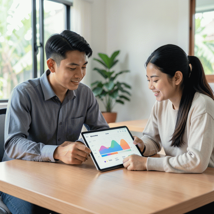 Pasangan profesional muda Indonesia yang sedang merencanakan keuangan bulanan menggunakan perencana anggaran digital di meja kerja yang rapi, menunjukkan konsep pembagian dana 50/30/20.