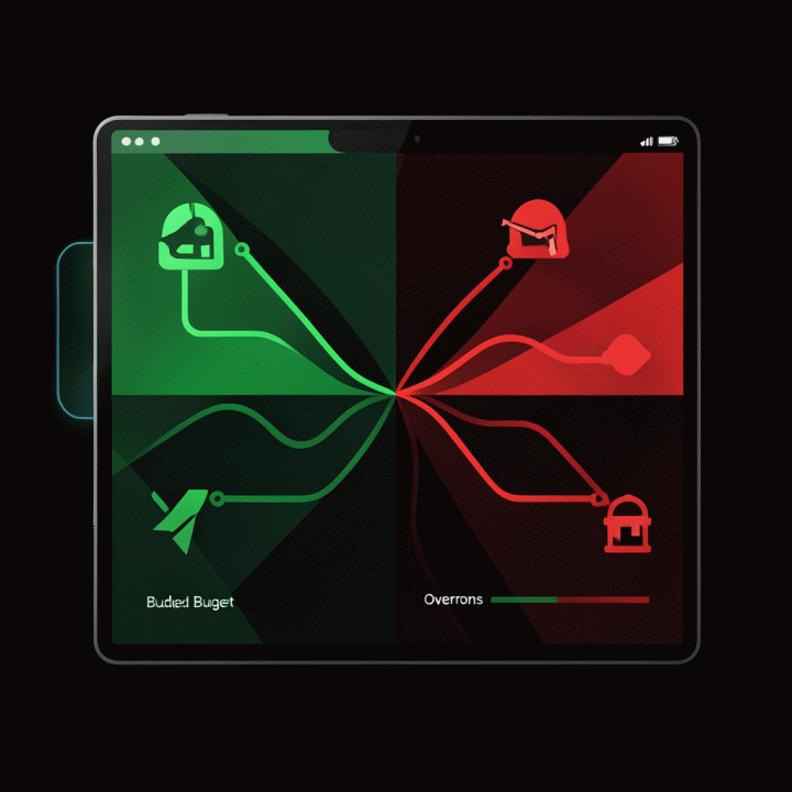 Visualisasi abstrak alur keuangan yang membandingkan anggaran proyek dan pengeluaran aktual.