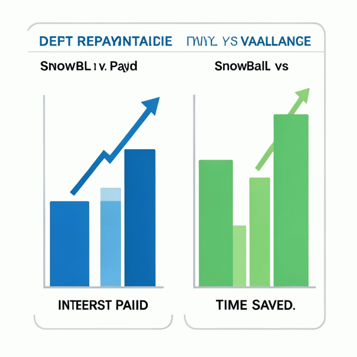 Grafik perbandingan visual antara metode pelunasan utang Snowball dan Avalanche yang menunjukkan penghematan bunga terbesar melalui metode Avalanche.