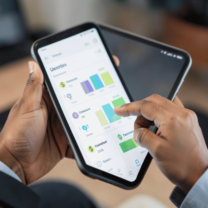 Tangan profesional menggunakan aplikasi dashboard manajemen utang digital yang menunjukkan progress pelunasan secara visual dan terorganisir.