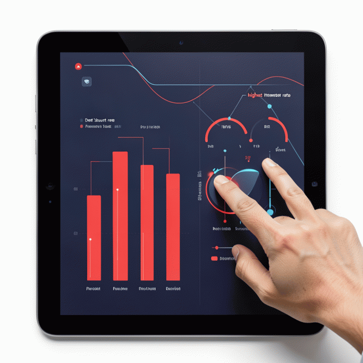 Tampilan antarmuka digitalisasi dashboard keuangan yang menunjukkan beberapa jenis utang dengan visual progress bar menurun, menyoroti pembayaran prioritas bunga tertinggi.