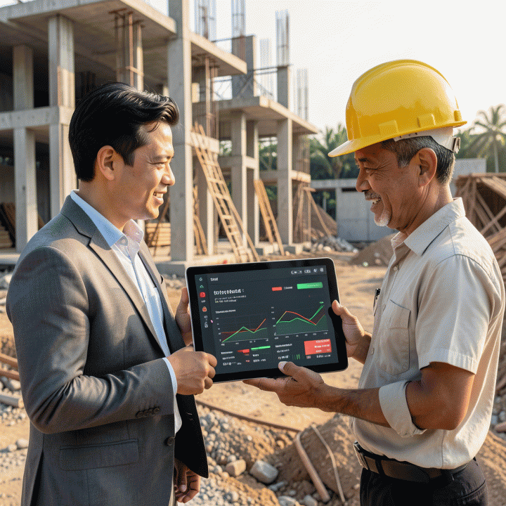 Seorang pemilik proyek dan kontraktor sedang meninjau dashboard digital manajemen biaya dan progres konstruksi di lokasi proyek yang modern dan terorganisir.