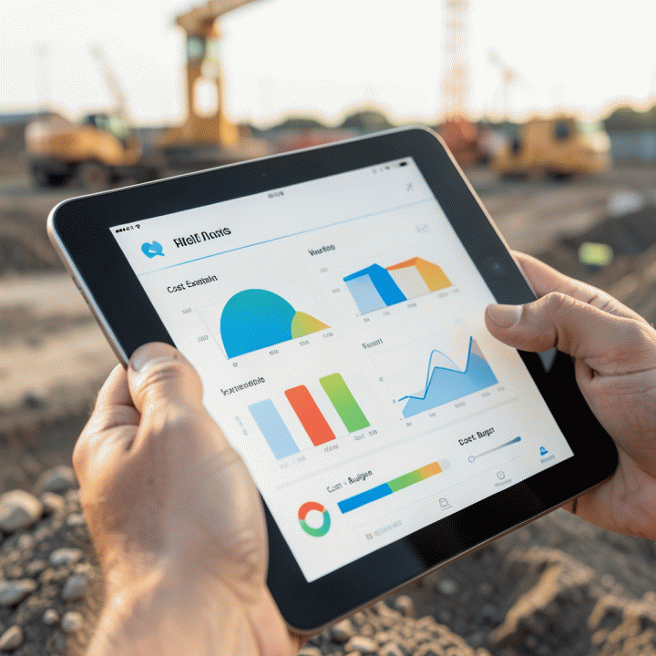 Tangan profesional sedang menggunakan tablet digital untuk memonitor dan mengestimasi biaya serta progres proyek konstruksi.