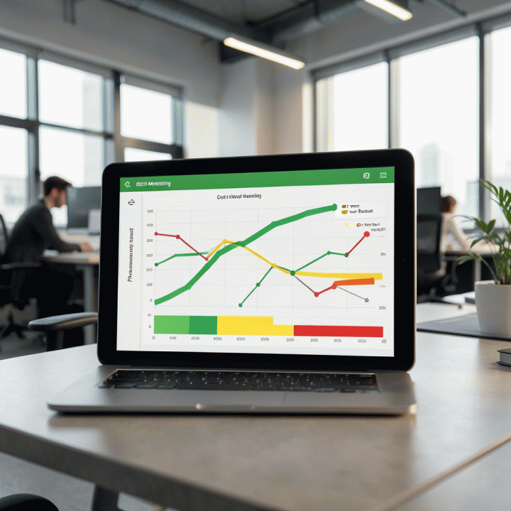 Tampilan visualisasi dashboard modern yang menunjukkan pemantauan biaya dan progres proyek secara real-time dengan grafik dan indikator warna.