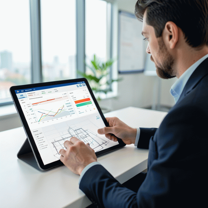 Seorang manajer proyek konstruksi sedang meninjau spreadsheet dan cetak biru anggaran proyek di tablet digital di kantor modern. Menampilkan visualisasi estimasi biaya dan garis waktu progres.