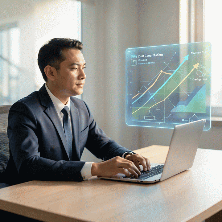 Seorang profesional muda Indonesia di meja kerja modern sedang melihat proyeksi hologram digital yang menunjukkan konsep manajemen keuangan dan pelunasan utang, memberikan kesan kontrol dan kejelasan finansial.