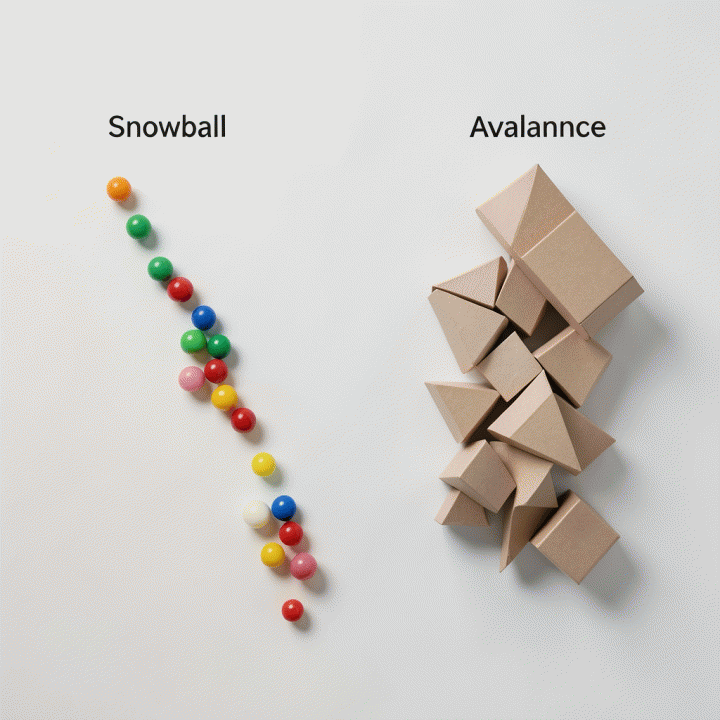 Perbandingan visual antara metode Snowball dan Avalanche untuk melunasi utang: salah satunya fokus pada kemudahan progres (bola kecil) dan yang lain fokus pada dampak perhitungan bunga tertinggi (segitiga).