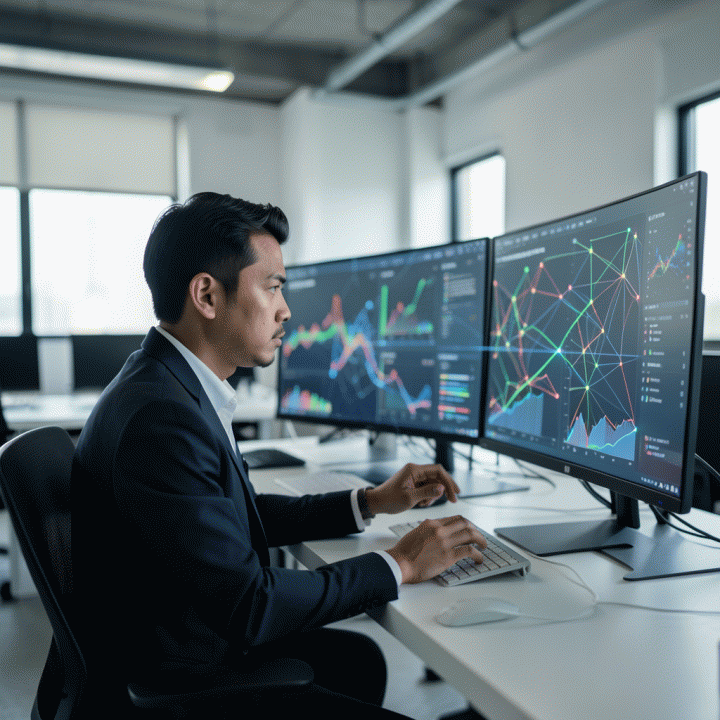 Seorang analis pemasaran digital yang profesional sedang menganalisis visualisasi data kompleks dan abstrak di layar holografik, mewakili proses mengubah data menjadi strategi bisnis yang terukur.