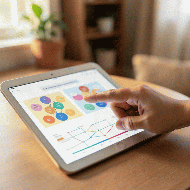 Tangan berinteraksi dengan antarmuka tablet AI yang menampilkan modul belajar abstrak, menunjukkan kemudahan penyusunan materi.