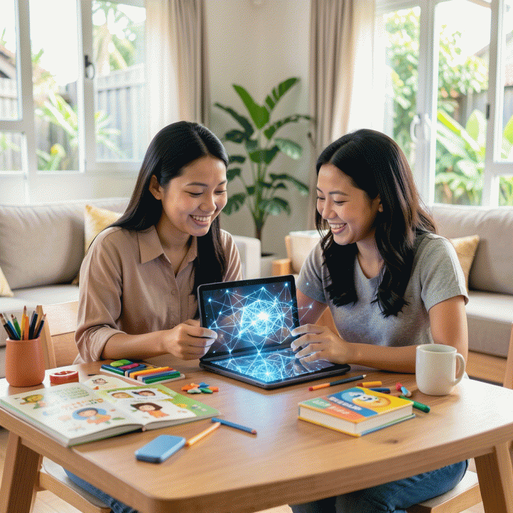 Ibu dan guru di ruang tamu yang cerah, berkolaborasi menggunakan tablet AI untuk menyusun modul belajar anak yang menarik dan efektif.