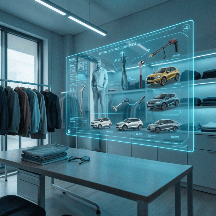 Visualisasi manajemen inventaris aset rental digital yang terorganisir dan efisien dengan tampilan antarmuka holografik modern.