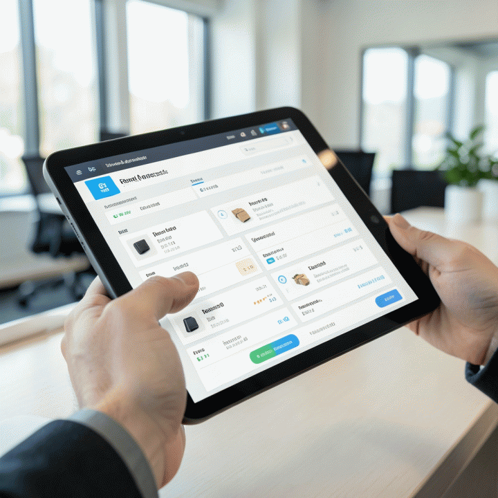 Tangan berinteraksi dengan dashboard manajemen inventaris aset rental pada tablet.