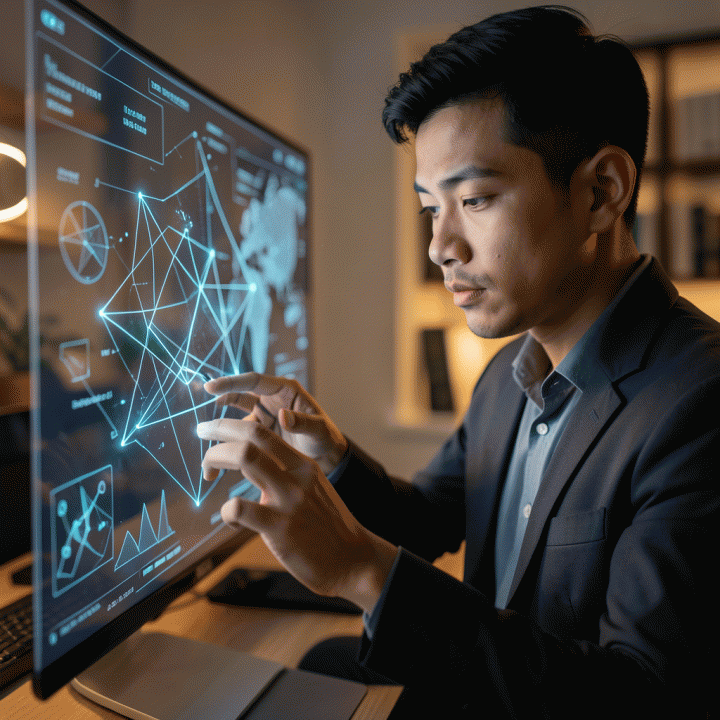 Seorang profesional muda Indonesia sedang menganalisis pola dan bentuk geometris abstrak pada antarmuka digital untuk menemukan jalur karier.