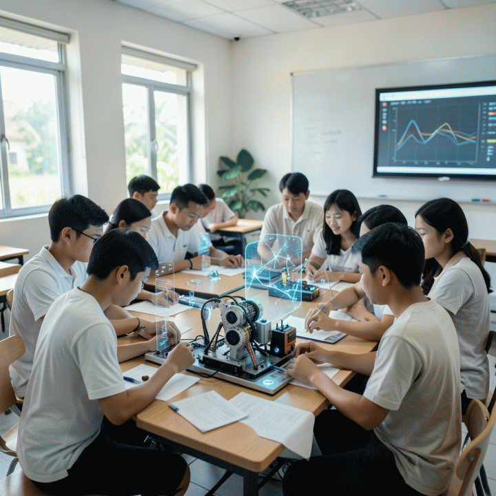 Sekelompok siswa Indonesia yang berkolaborasi dalam proyek berbasis peran di ruang kelas modern, didukung oleh elemen visual AI yang futuristik.