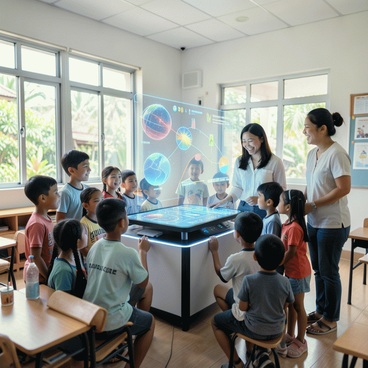 Kelas SD modern yang cerah di Indonesia, menampilkan siswa berinteraksi dengan modul belajar interaktif berbasis AI, didampingi guru dan orang tua yang tersenyum.