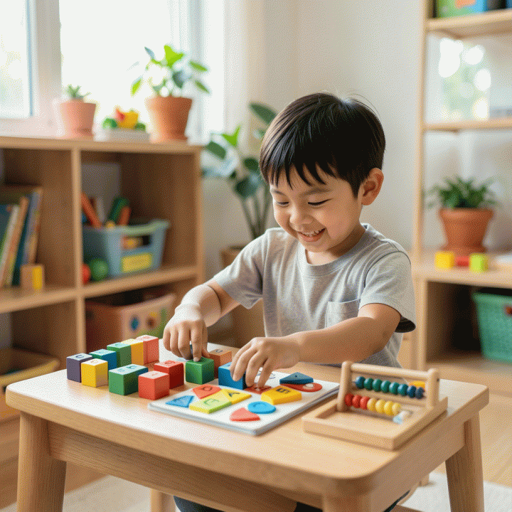 Sudut belajar matematika yang cerah dan modern untuk anak usia 5 tahun, menampilkan anak Indonesia yang sedang bermain dengan balok hitung dan puzzle bentuk geometris.