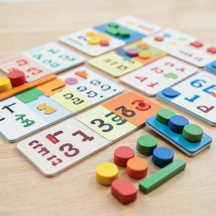 Modul belajar matematika fisik yang berwarna-warni dan taktil untuk anak usia 5 tahun, termasuk kartu flash dan puzzle angka.