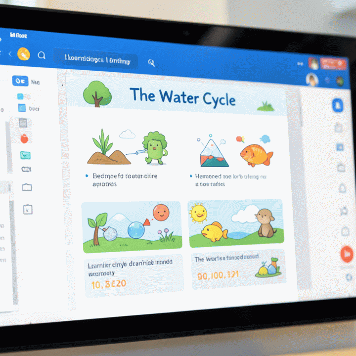 Template modul pembelajaran sains digital yang menampilkan siklus air untuk anak prasekolah.