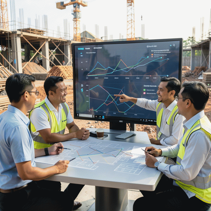 Tim profesional konstruksi sedang berdiskusi di lokasi proyek, menganalisis grafik progres dan biaya proyek di layar digital untuk memastikan efisiensi anggaran.