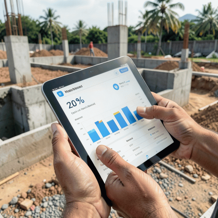 Seorang manajer proyek memantau progres dan anggaran menggunakan tablet di lokasi konstruksi, melihat visualisasi data real-time.