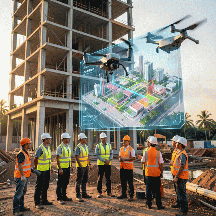 Drone monitoring progres konstruksi modern di lokasi proyek tahun 2026, menampilkan visualisasi 3D holografik progres bangunan yang akurat.