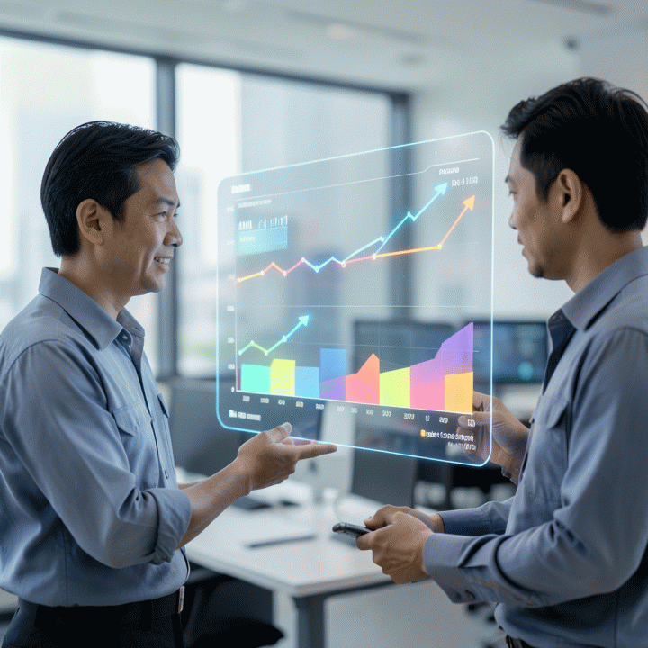 Project owner dan engineer menganalisis data progress dan biaya proyek secara real-time menggunakan tampilan holografik canggih.