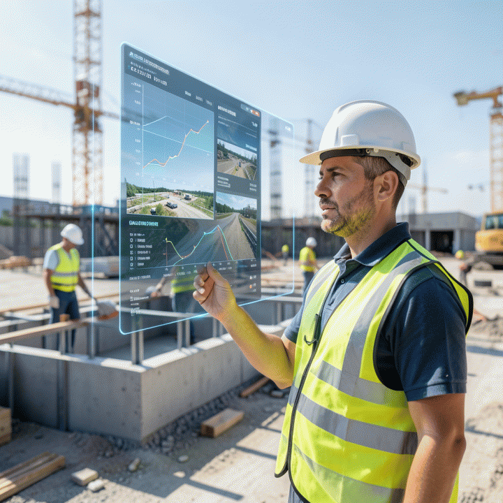 Manajer proyek di lokasi konstruksi modern memonitor progres pekerjaan secara real-time menggunakan antarmuka data holografik, menunjukkan teknologi monitoring jarak jauh yang canggih.
