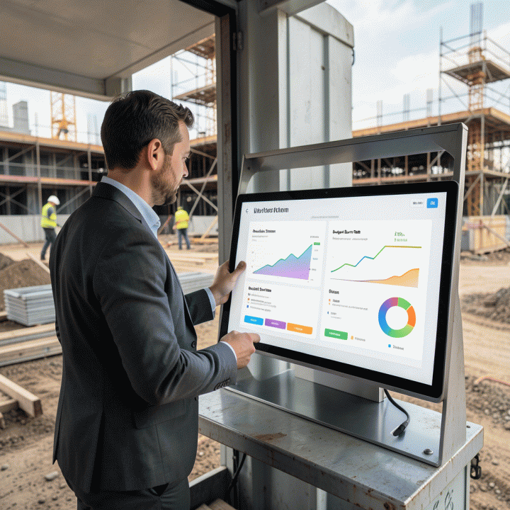Pemilik proyek melihat dashboard progres konstruksi di tablet di lokasi, menunjukkan visualisasi data yang abstrak dan mudah dipahami.