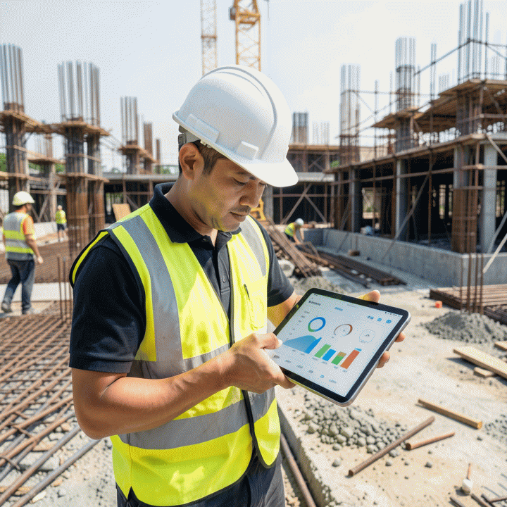 Manajer proyek di lokasi konstruksi modern di Indonesia sedang memantau progres proyek secara real-time menggunakan tablet digital, menunjukkan kontrol biaya dan jadwal yang akurat.
