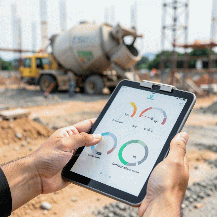 Tangan pemilik proyek memantau progres harian dan biaya menggunakan tablet di lokasi konstruksi, menunjukkan kontrol yang detail.