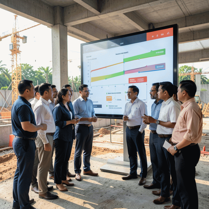 Diskusi proyek di lokasi konstruksi, di mana para profesional melihat dan menganalisis progres proyek secara kolektif pada layar digital.